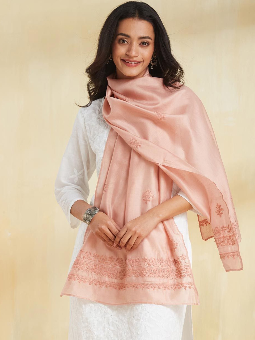 

Fabindia Women Floral Embroidered Cotton Stole, Pink