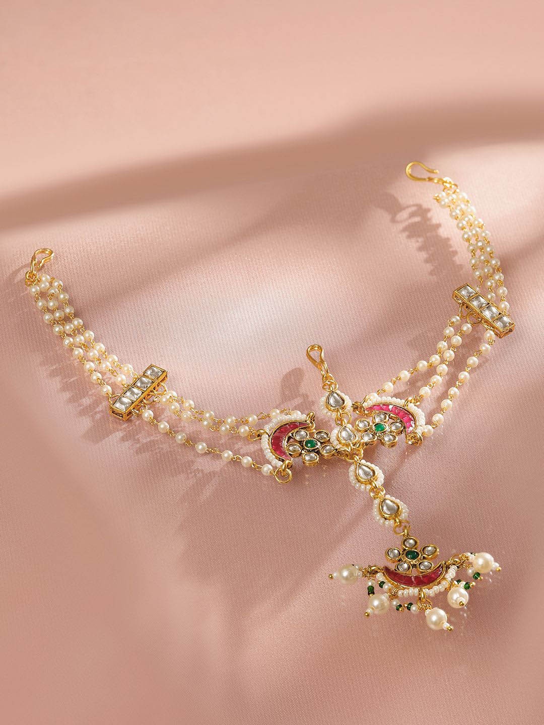 

Rubans 22K Gold Plated Kundan & Pearl Studded Multi Strand Bridal Mattha Patti Headpiece