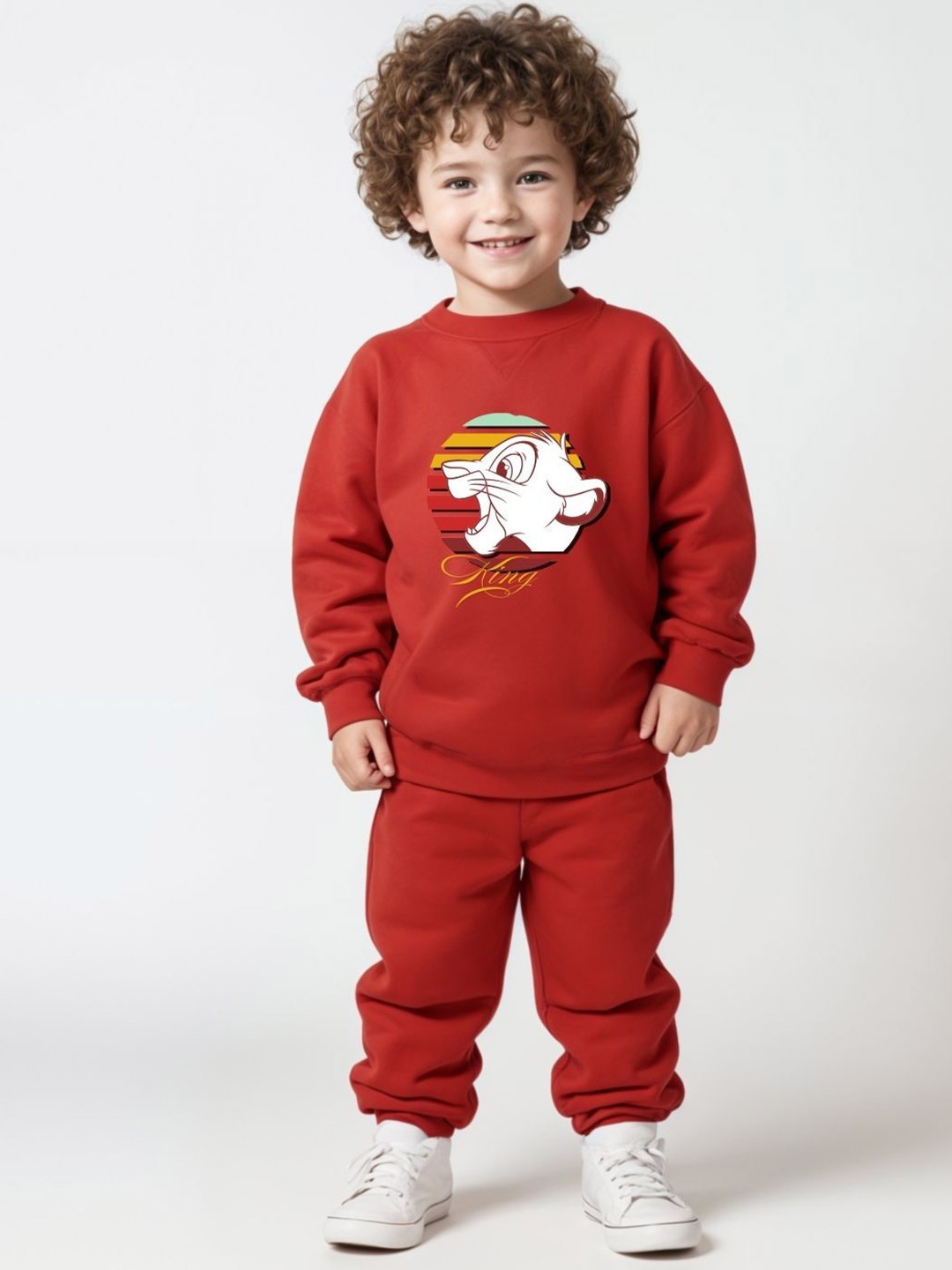 

Minicult Kids Printed Round Neck Pure Cotton Sweatshirt With Jogger, Red