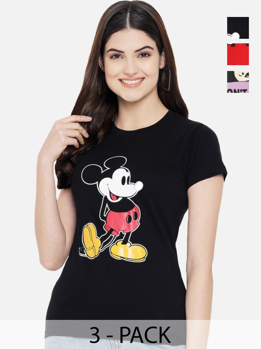 

Dreambe Women Pack Of 3 Mickey Mouse Graphic Printed Round Neck Cotton T-shirts, Black