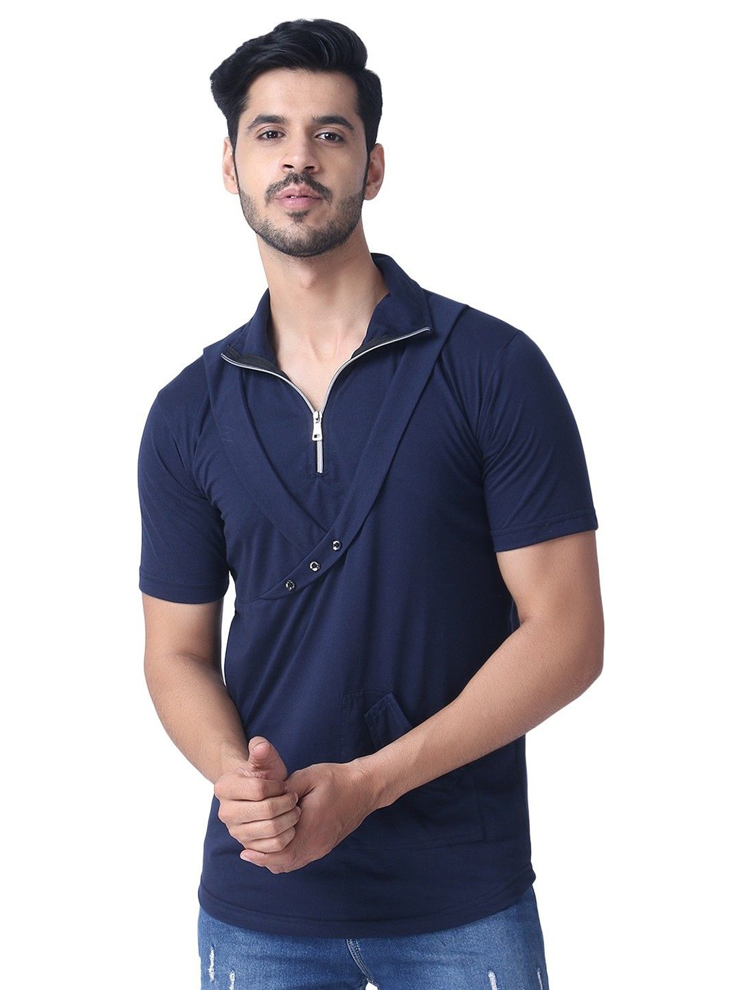 

Black Collection Men Solid High Neck Cotton T-shirt, Navy blue