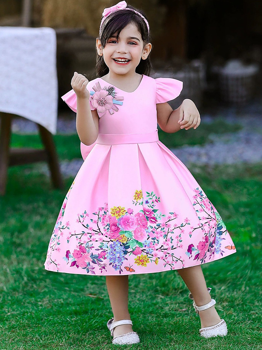 

LULU & SKY Girls Floral Printed Fit & Flare Dress, Pink