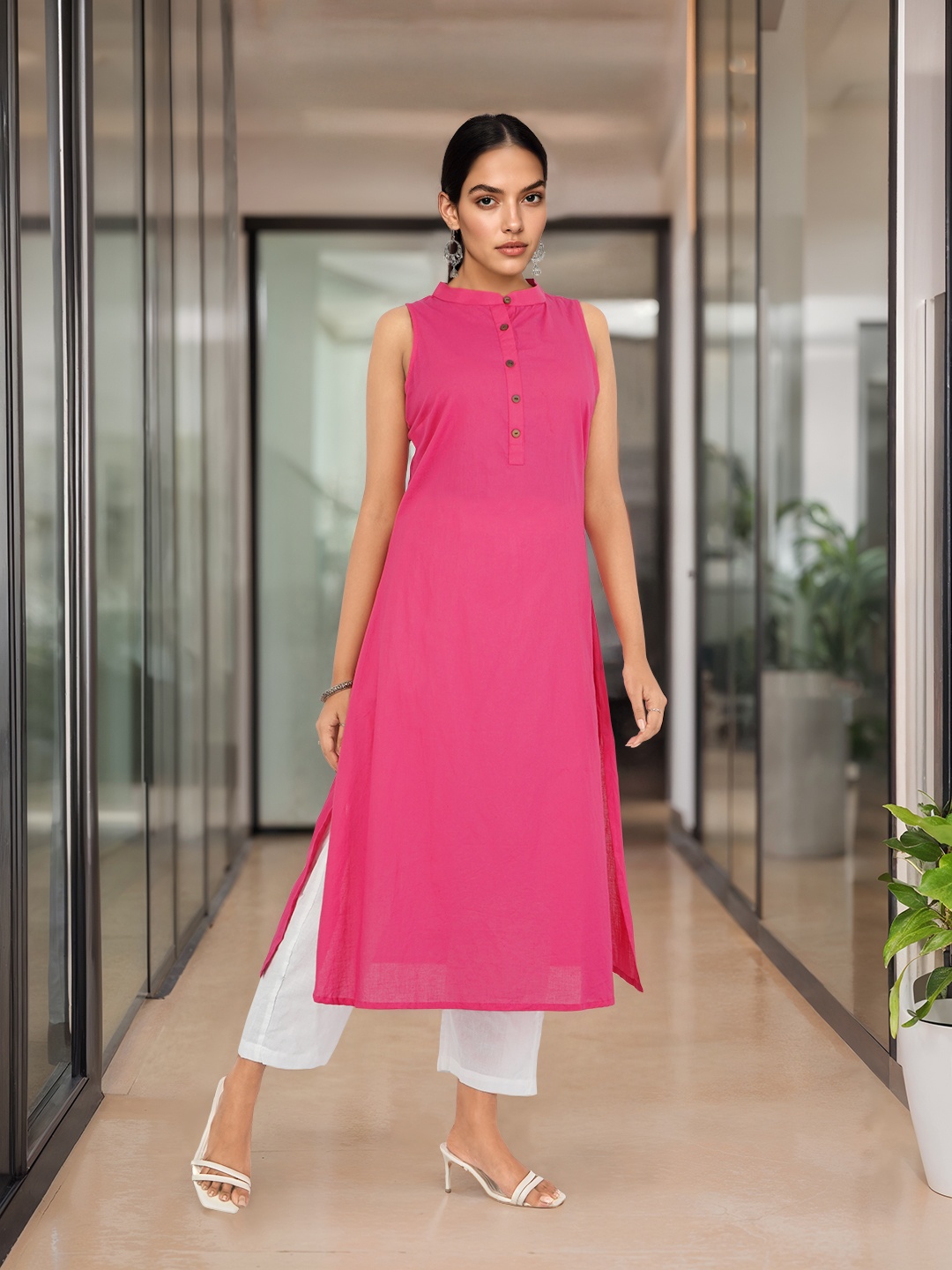 

Sangria Pure Cotton Band Collar Kurta, Pink