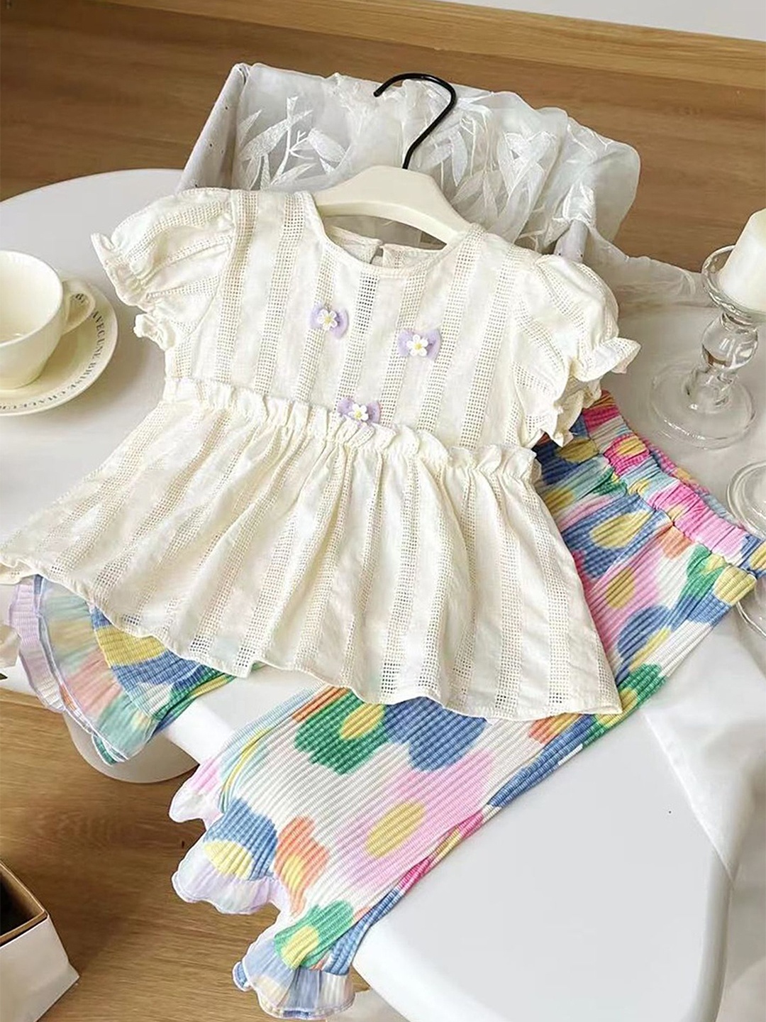 

LULU & SKY Girls Self Design Round Neck Top With Trousers, Off white