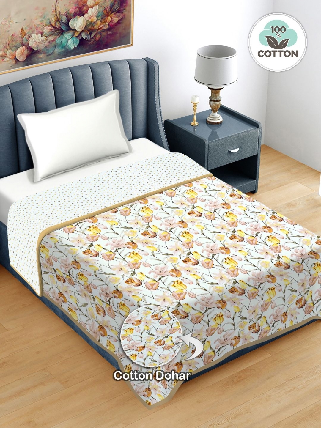 

FABINALIV Beige Floral Printed Reversible Pure Cotton 300 GSM AC Room Single Bed Dohar