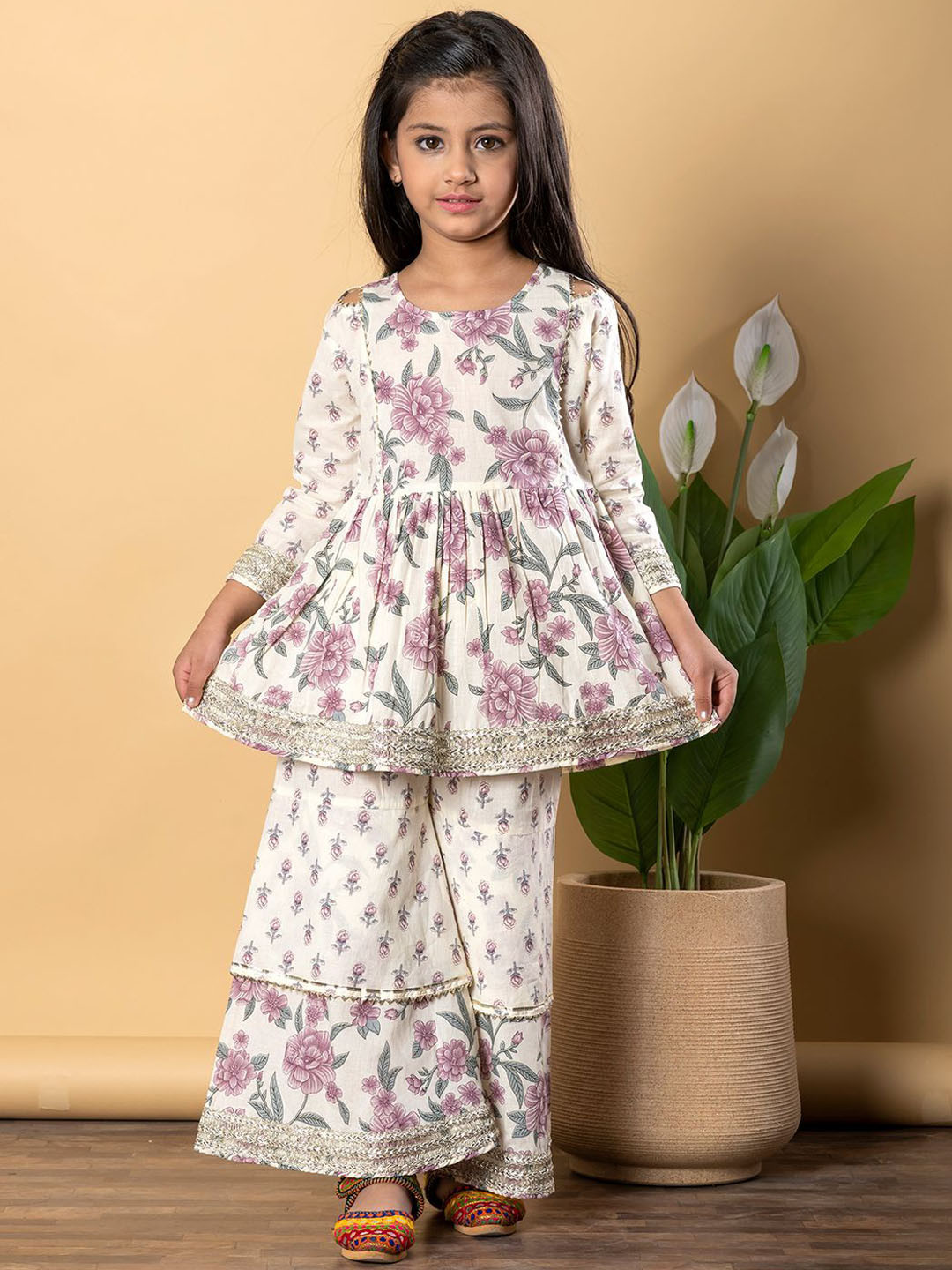 

Readiprint Girls Floral Printed Pure Cotton Anarkali Kurti With Sharara, Cream