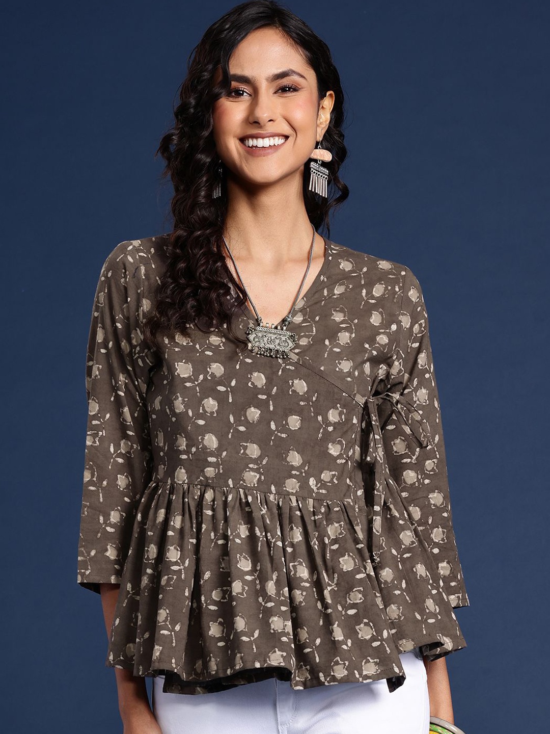 

Taavi Dabu Printed V-Neck Pure Cotton Wrap Top, Brown