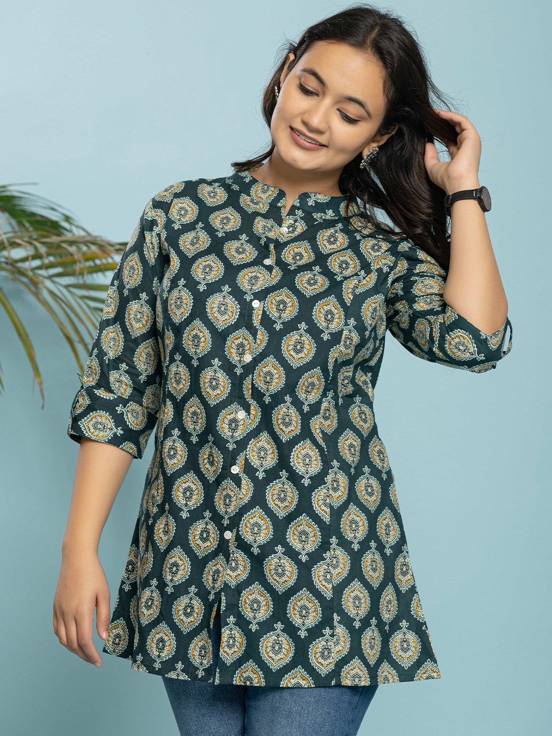 

KALINI Ethnic Motifs Block Print Mandarin Collar Pure Cotton A-Line Kurti, Green