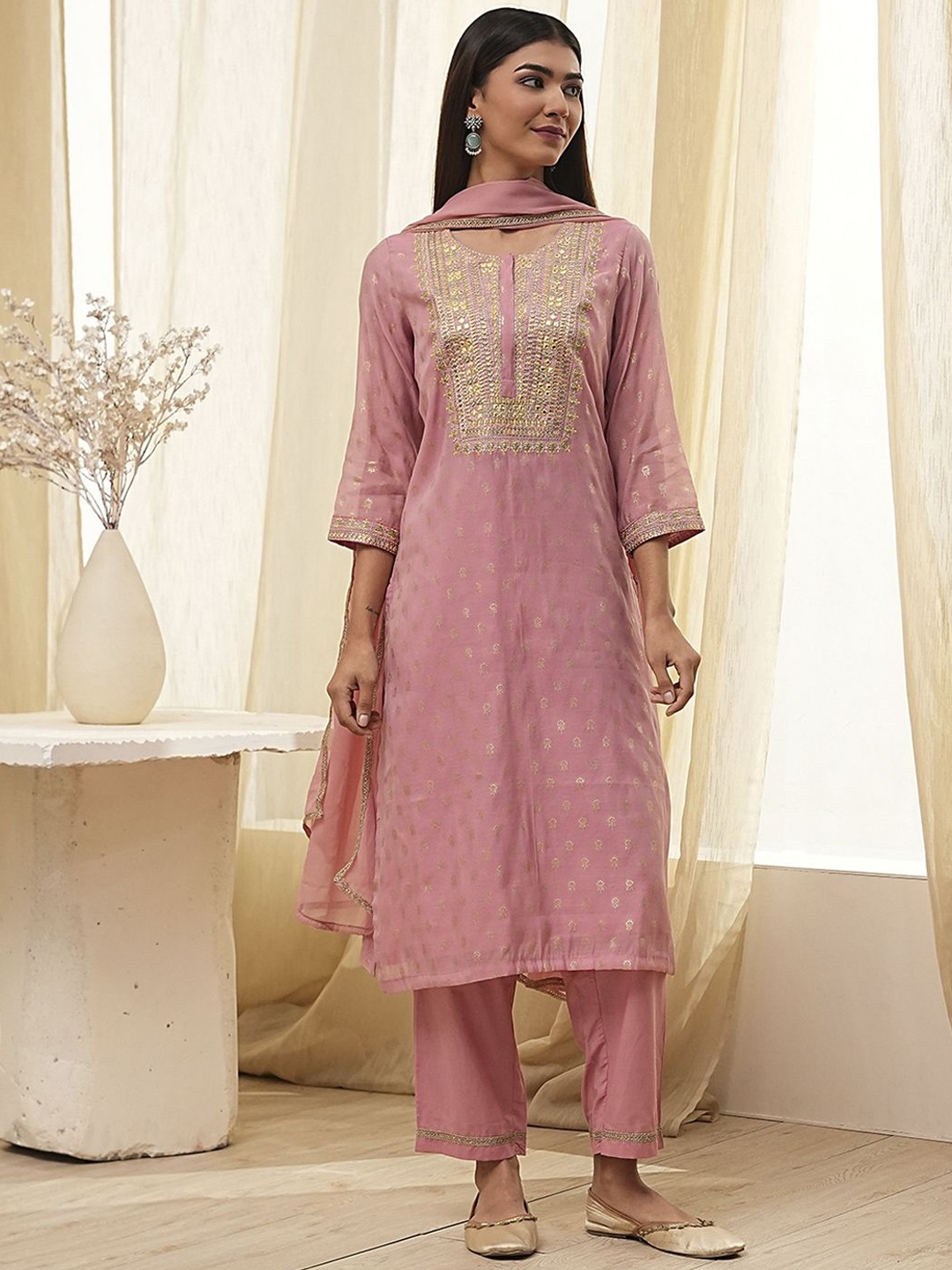 

Biba Floral Embellished Round Neck Straight Kurta With Trouser And Dupatta, Pink