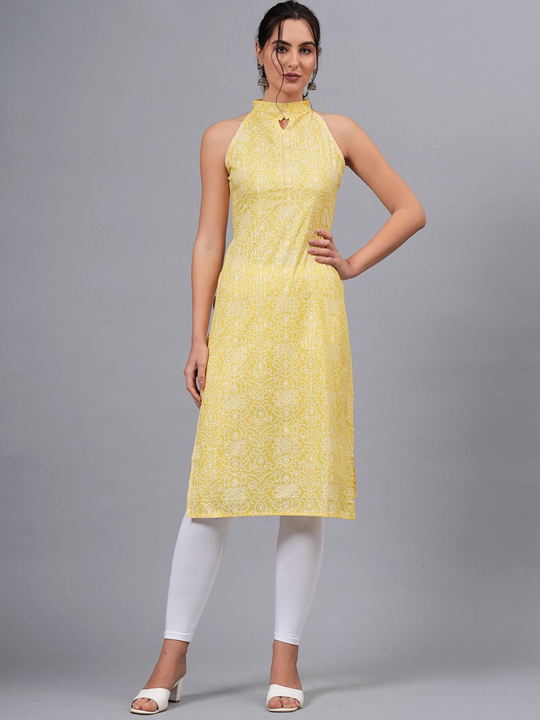 

HIGHLIGHT FASHION EXPORT Bandhani Printed Keyhole Neck Cotton Straight Kurta, Yellow