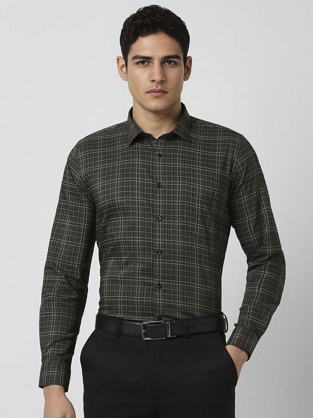 

Van Heusen Men Slim Fit Spread Collar Tartan Checked Cotton Formal Shirt, Olive