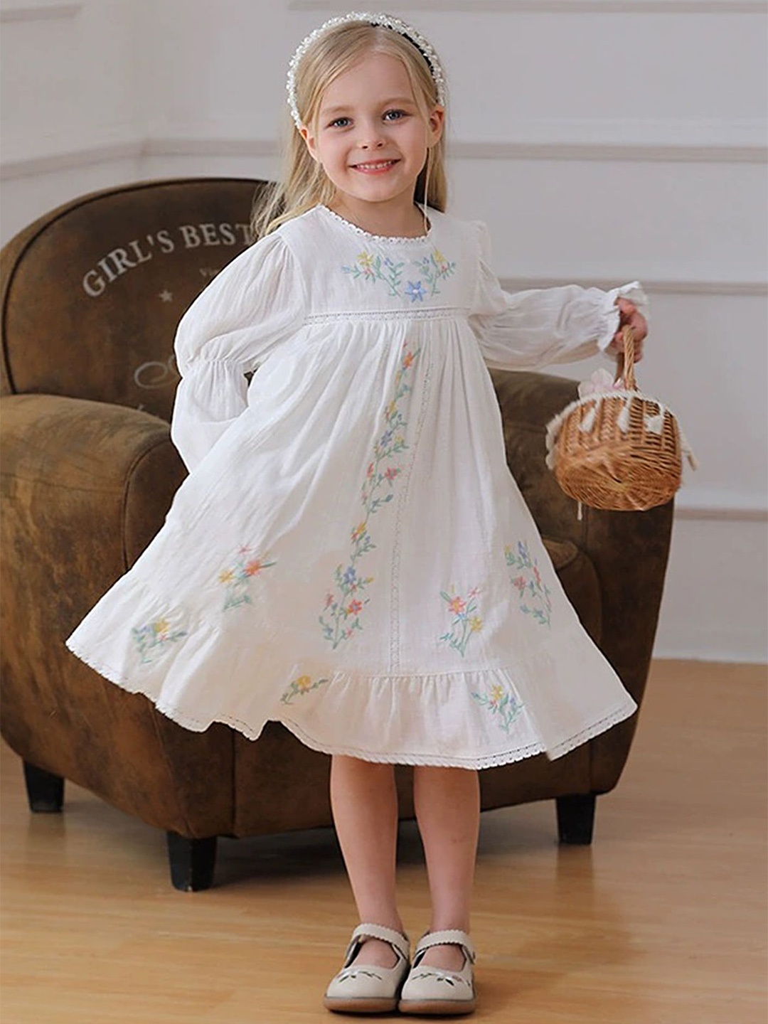 

LULU & SKY Girl Round Neck Puff Sleeves Empire Midi Dress, Beige