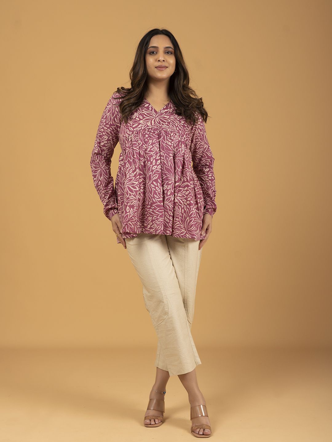 

SPARSA Women Floral Printed V-Neck Long Sleeves Cotton Empire Top, Purple
