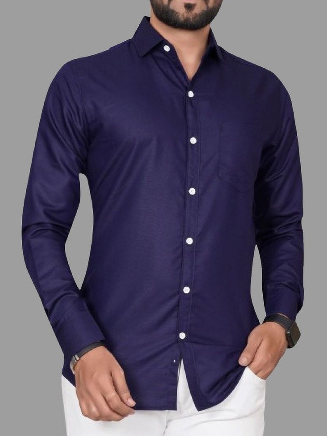 

Metronaut Men Standard Regular Fit Spread Collar Solid Cotton Casual Shirt, Navy blue