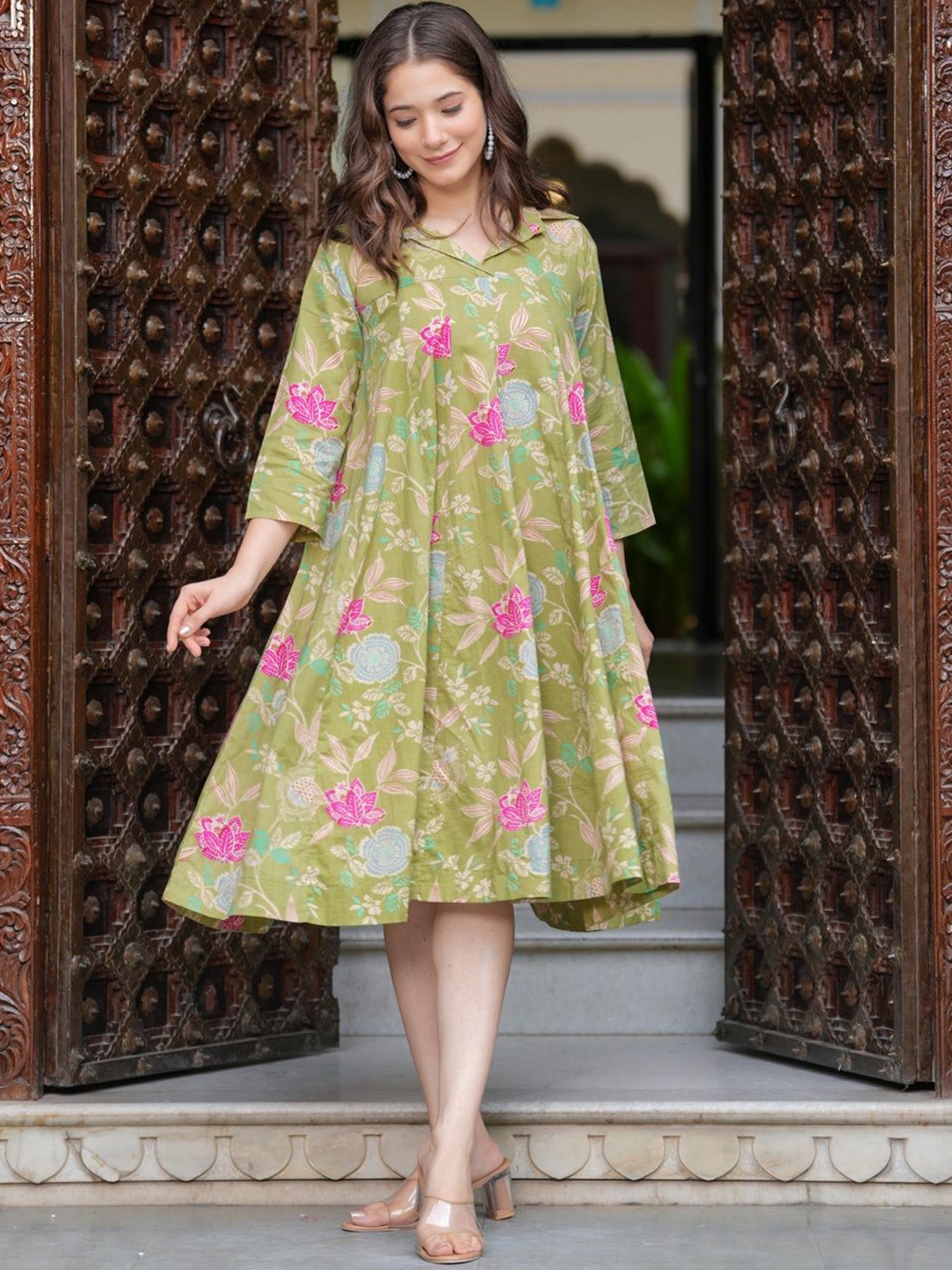 

Jollity Women Floral Printed Shirt Collar A-Line Dress, Green