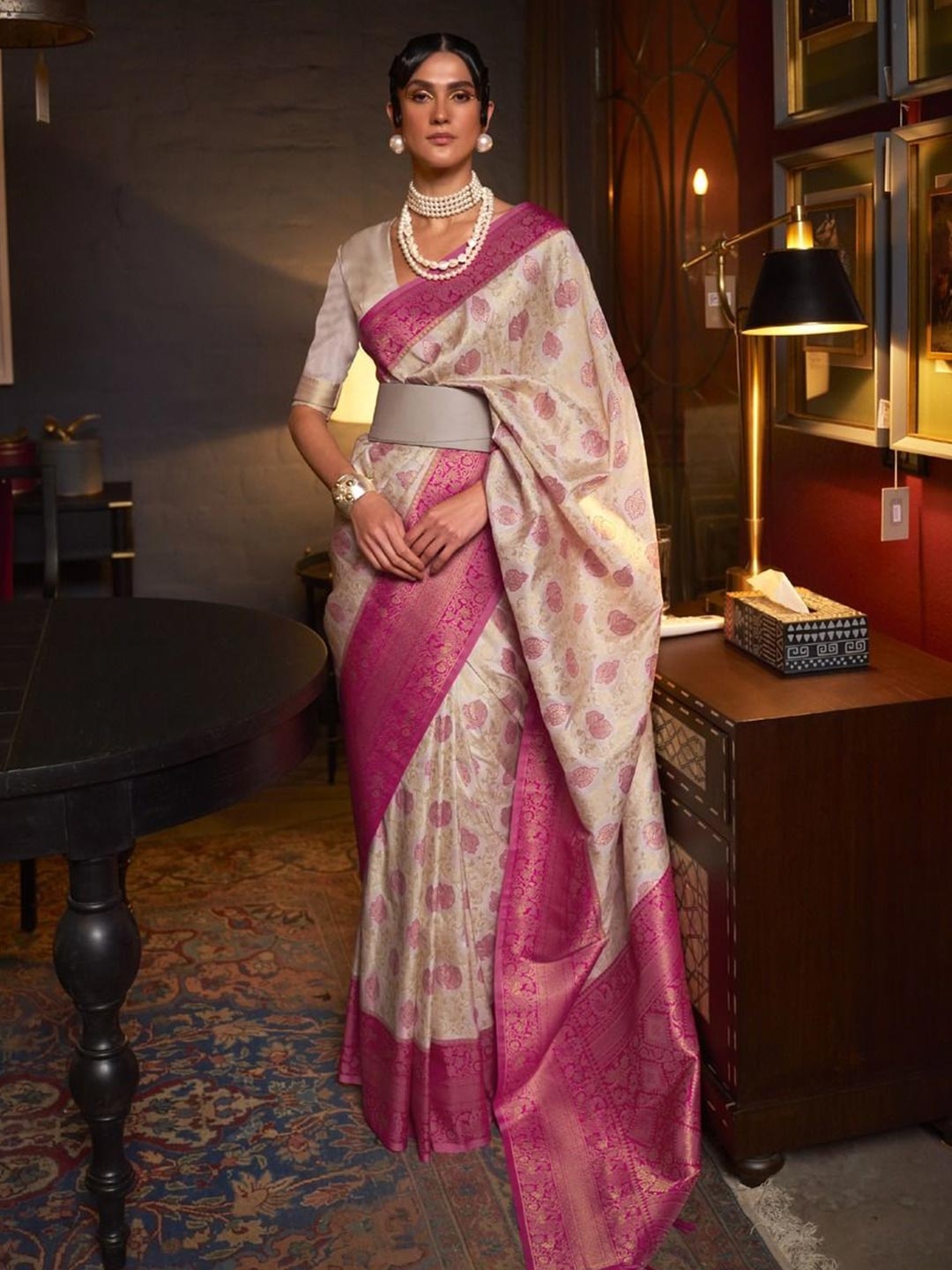 

Anouk Woven Design Zari Silk Blend Banarasi Saree, White