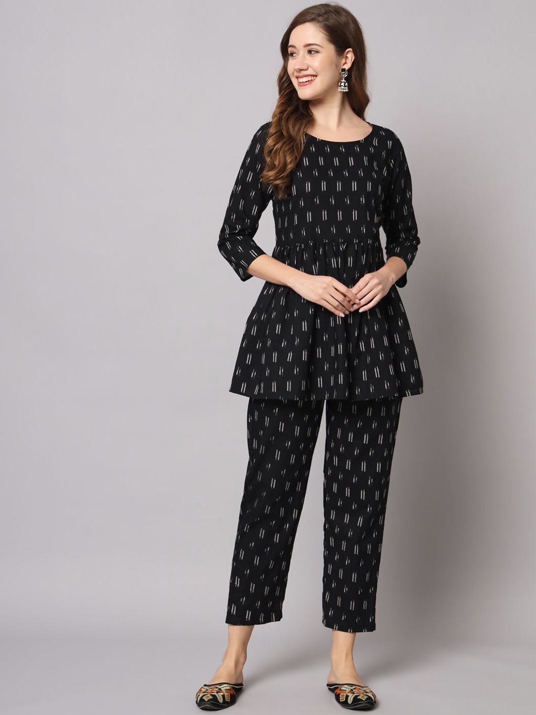 

COTNUF Printed Pure Cotton Tunic With Trouser Co-Ords, Black