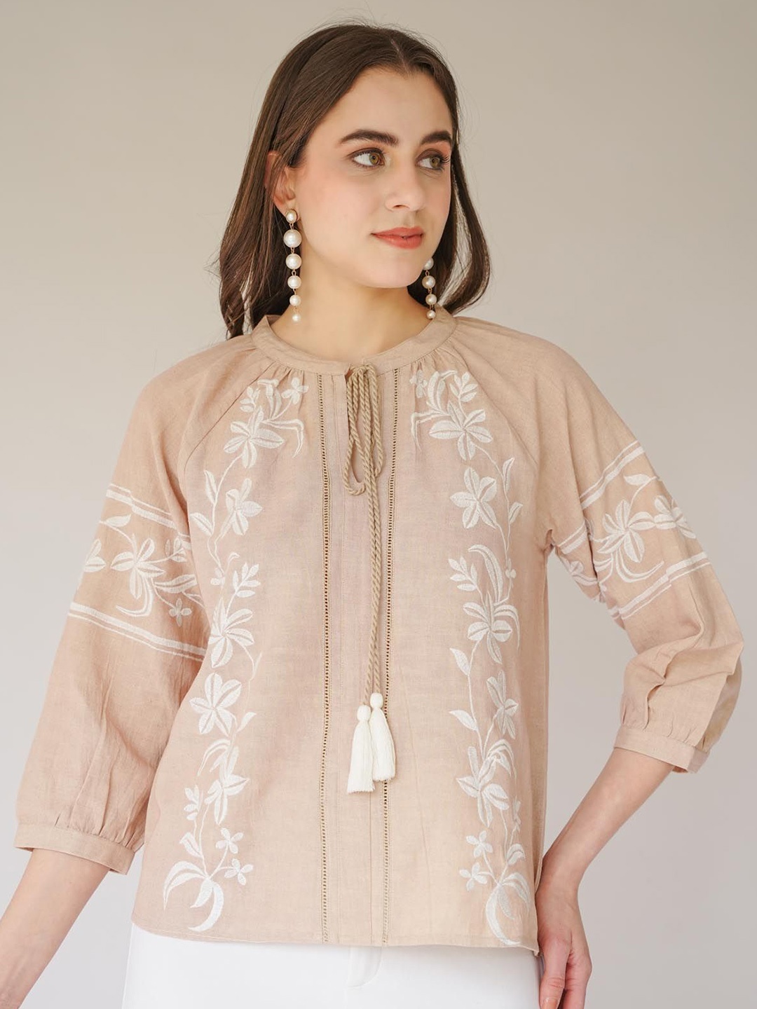 

House of Sal Amina Floral Cotton Top, Beige