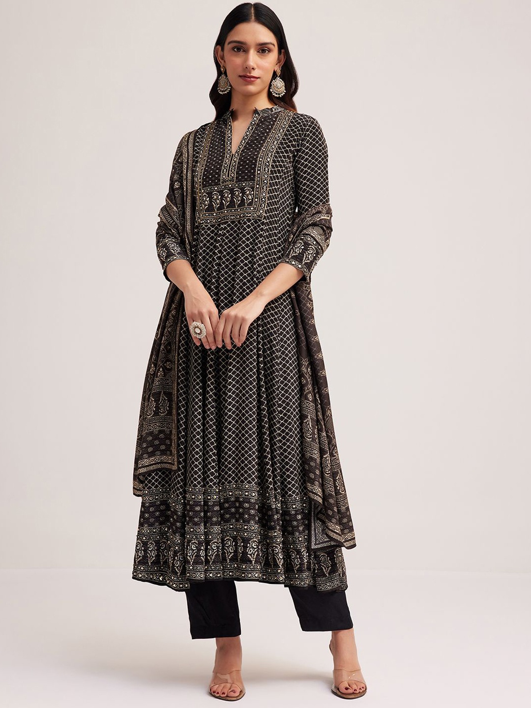 

KALKI Fashion Ethnic Motifs Printed Thread Work Anarkali Kurta With Trousers & Dupatta, Black