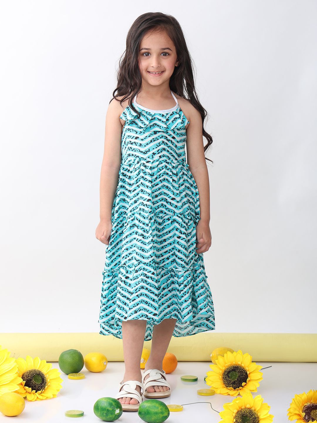 

Sangria Girls Printed Cotton Round Neck Dresses, Blue