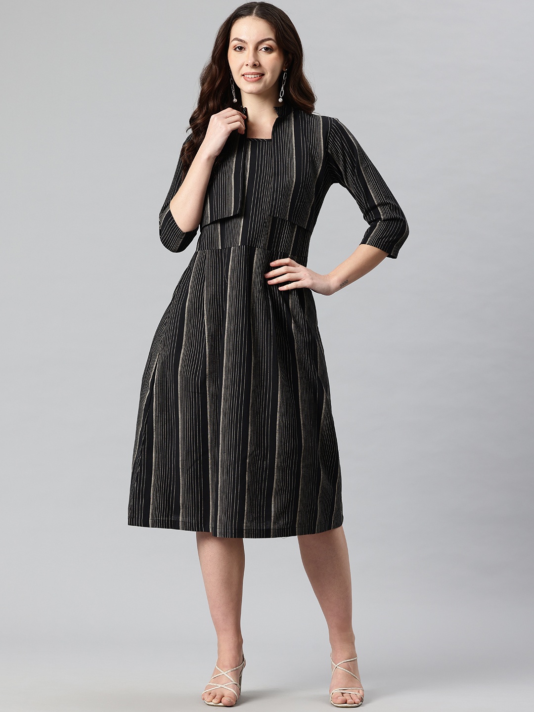 

Cottinfab Striped Layered Fit & Flare Midi Dress, Black
