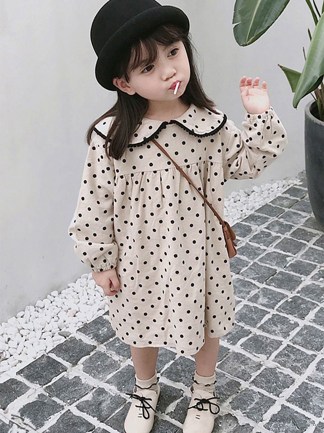 

LULU & SKY Girl Polka Dot Print Peter Pan Collar Empire Dress, Beige