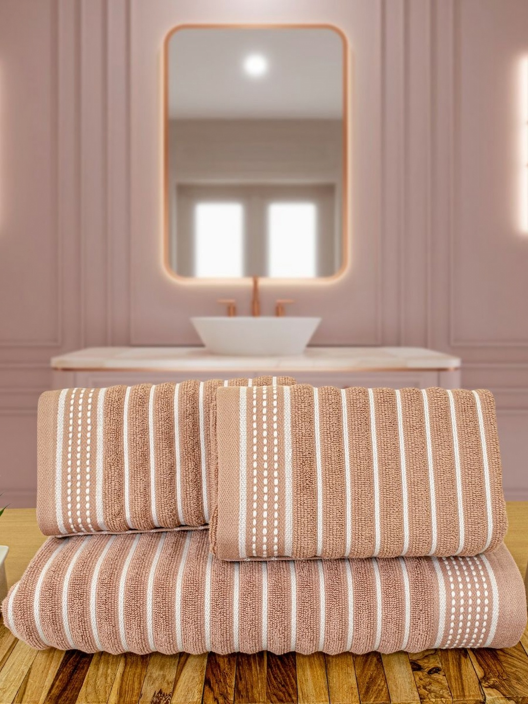 

Myntra Elegant Homes Regatta Peach-Coloured 3 Pieces Striped Pure Cotton 530 GSM Towel Set