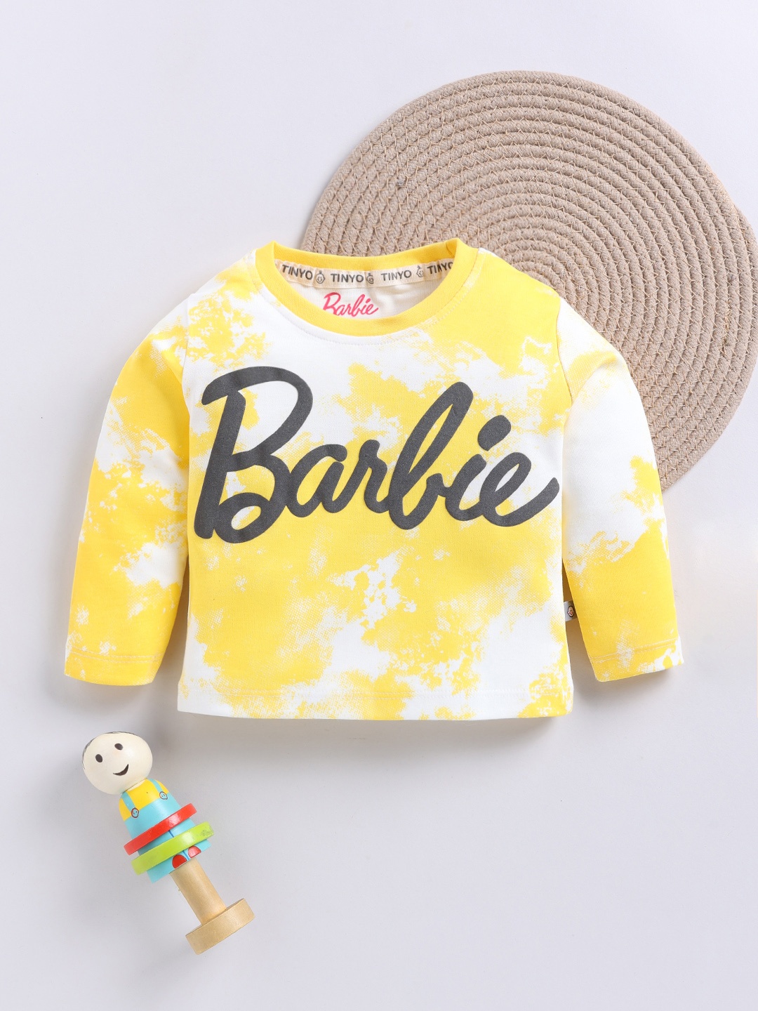 

YK X Tinyo Infant Girls Barbie Typography Printed Cotton T-shirt, Yellow