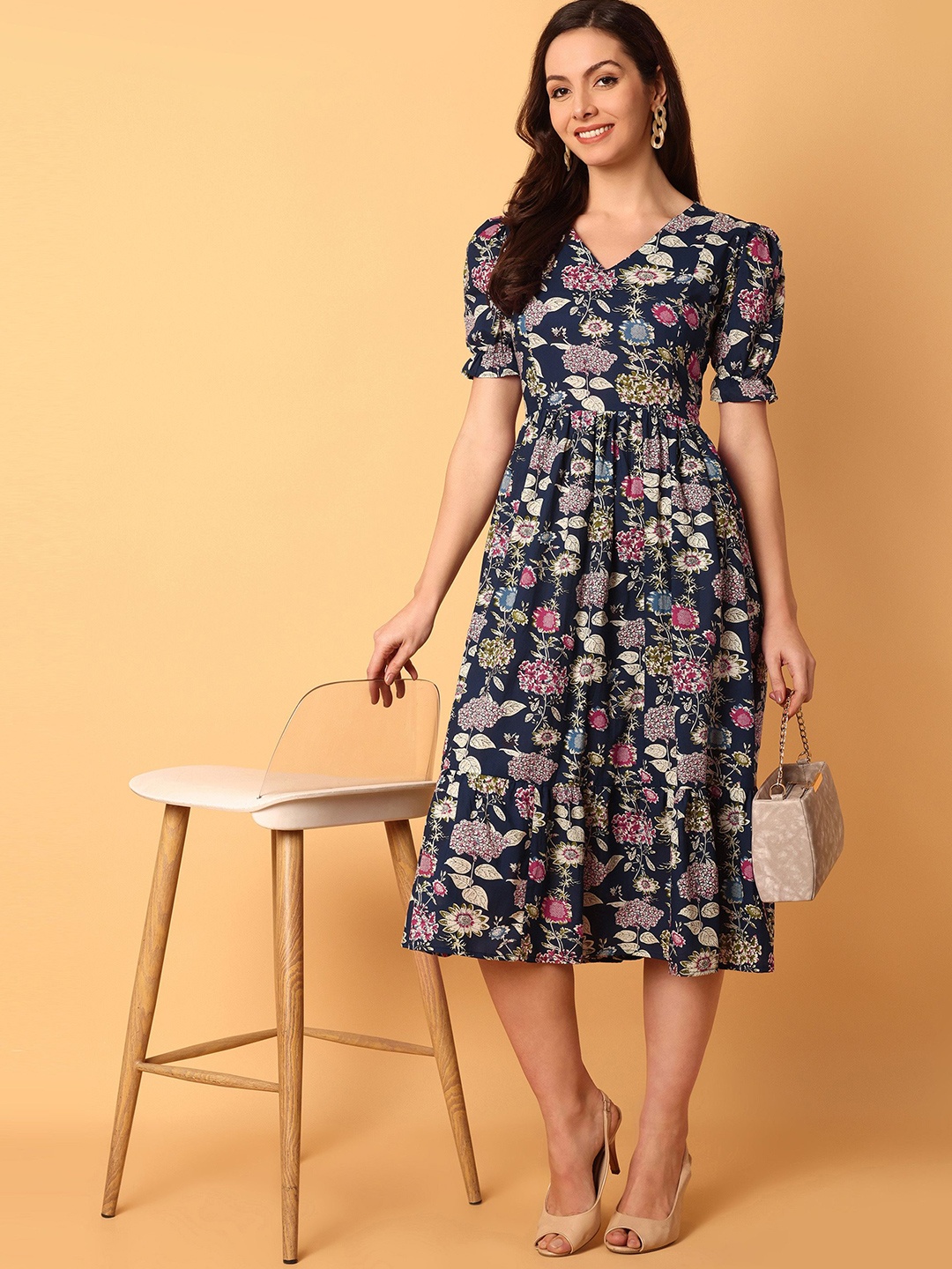 

SYYNCRO Floral Print Cotton Fit & Flare Dress, Navy blue