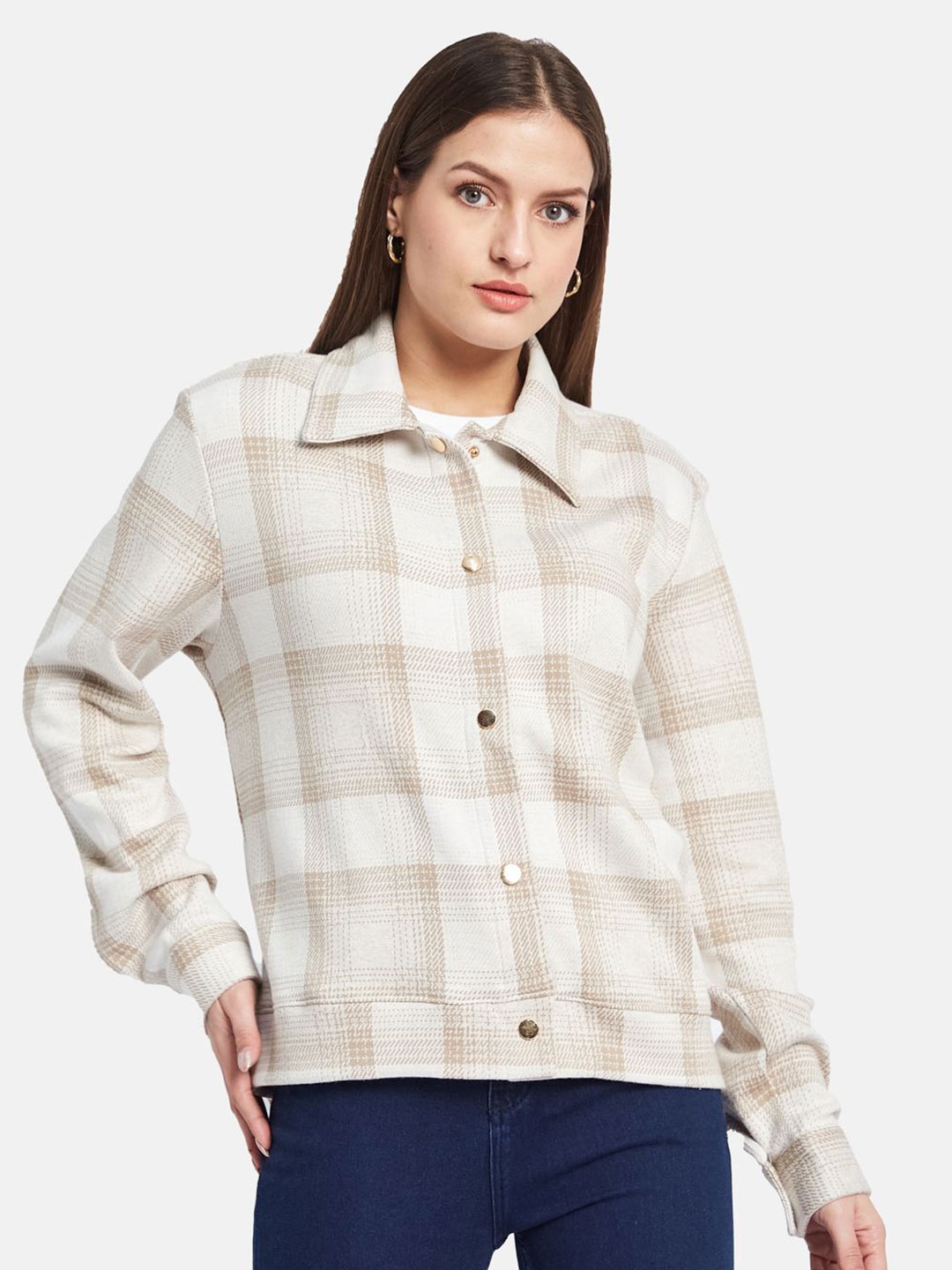 

METTLE Women Spread Collar Checked Casual Shirt, Off white