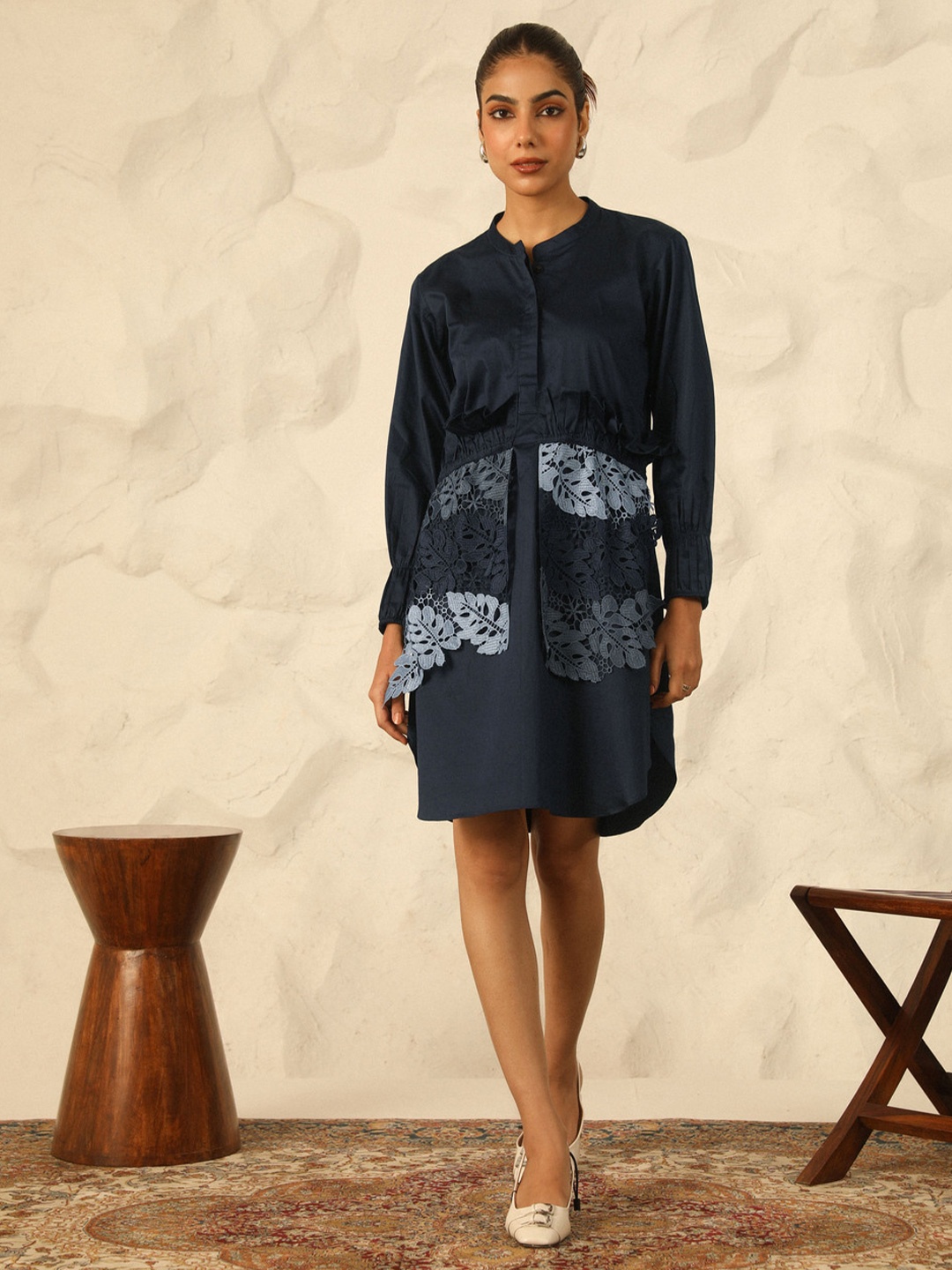 

YA-SA Women's solid Cotton Shift Dress, Navy blue
