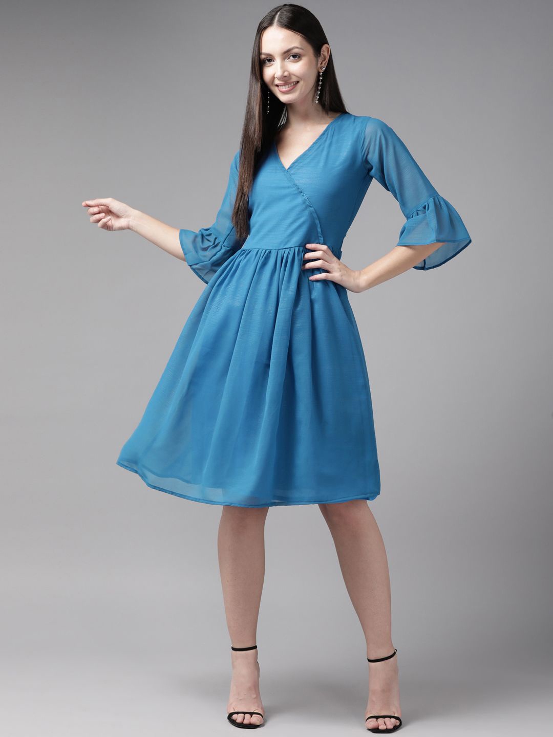 

CORSICA Bell Sleeve Georgette Fit & Flare Dress, Blue