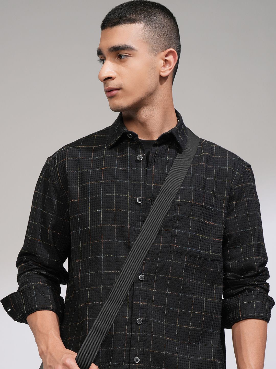 

HIGHLANDER Men Waffle Dobby Textured Checked Relaxed Overshirt, Black