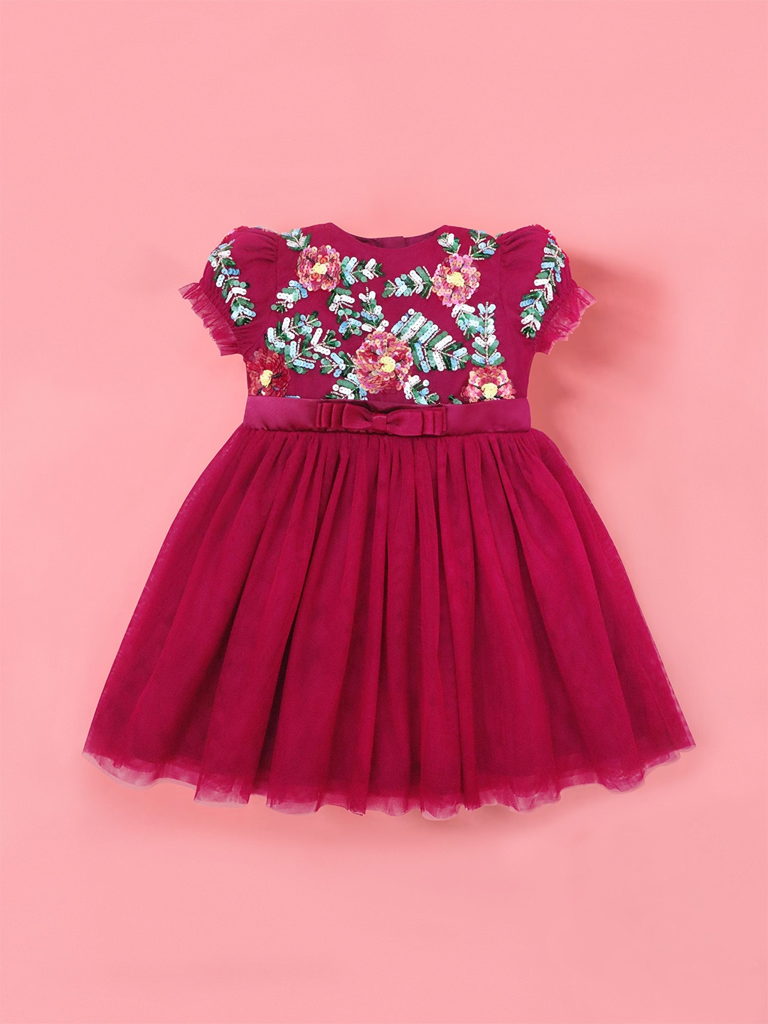 

Cherry Crumble Girls Floral Sequined Puff Sleeve Fit & Flare Dress, Magenta