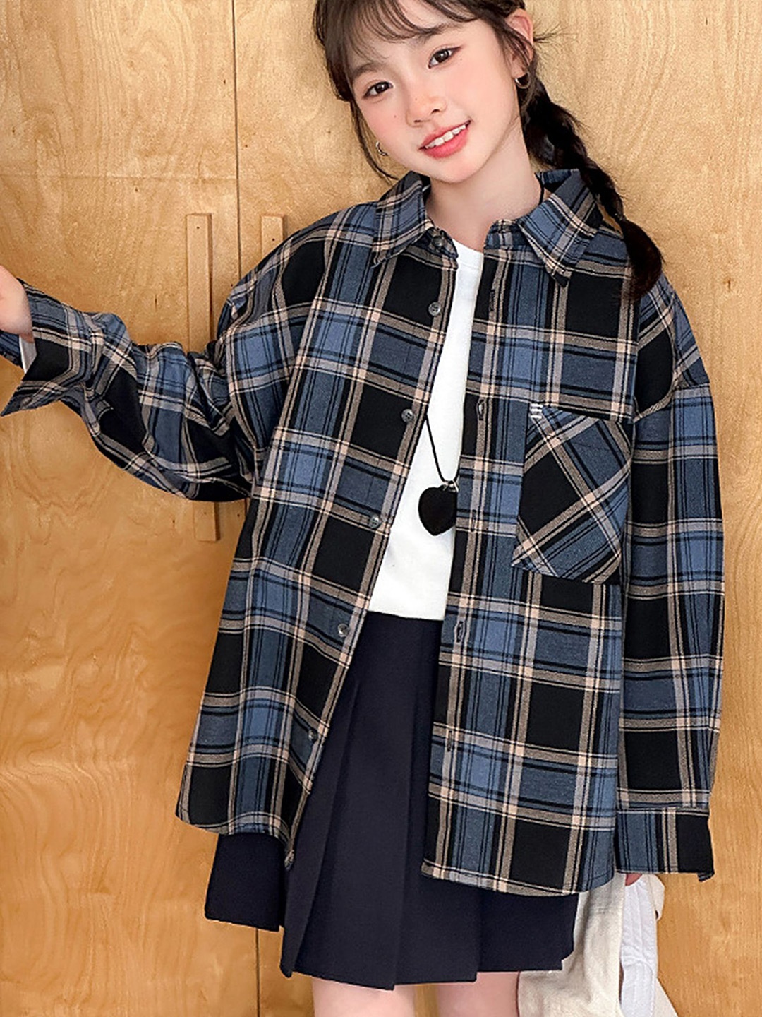 

LULU & SKY Girls Oversized Fit Spread Collar Tartan Checked Casual Shirt, Blue