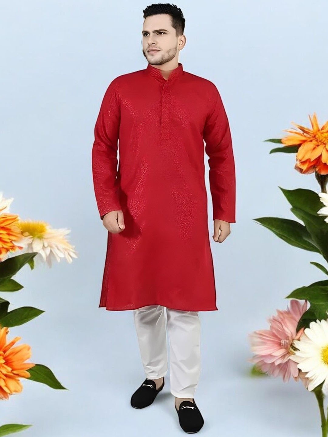 

Atly Woven Design Mandarin Collar Kurta With Pyjama, Red