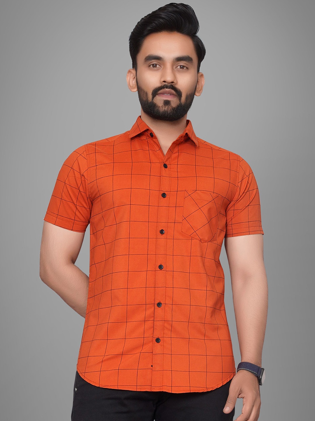 

Metronaut Men Regular Fit Spread Collar Windowpane Checked Cotton Casual Shirt, Orange