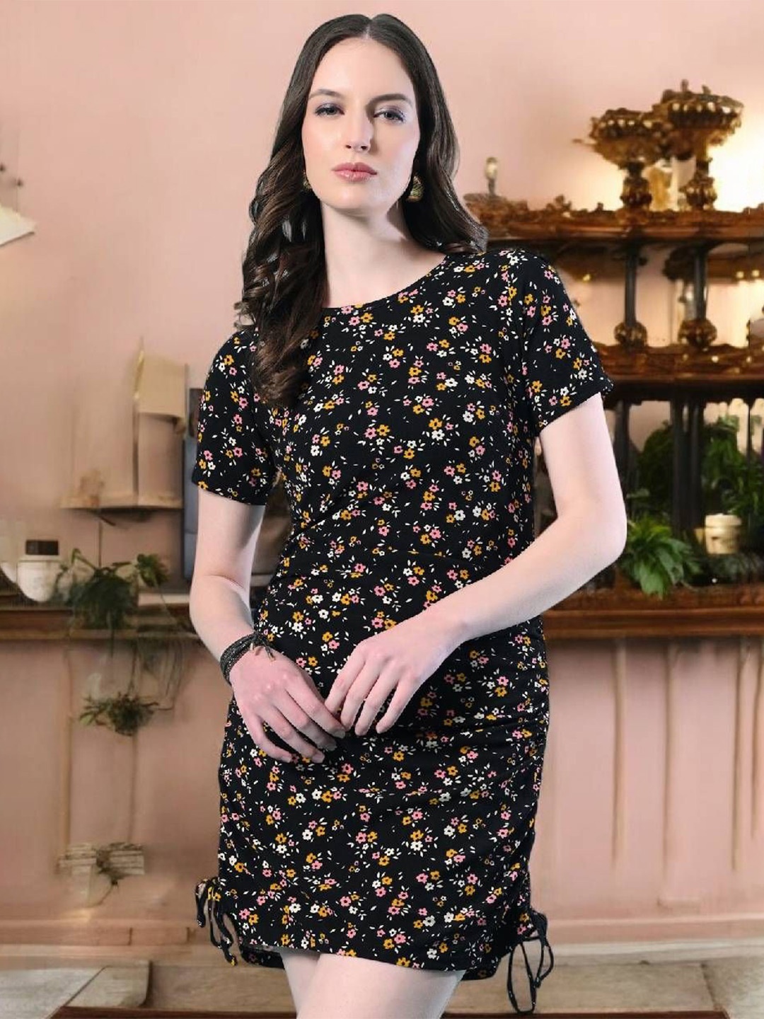 

ZEUGEN Floral Printed Ruched Bodycon Dress, Black
