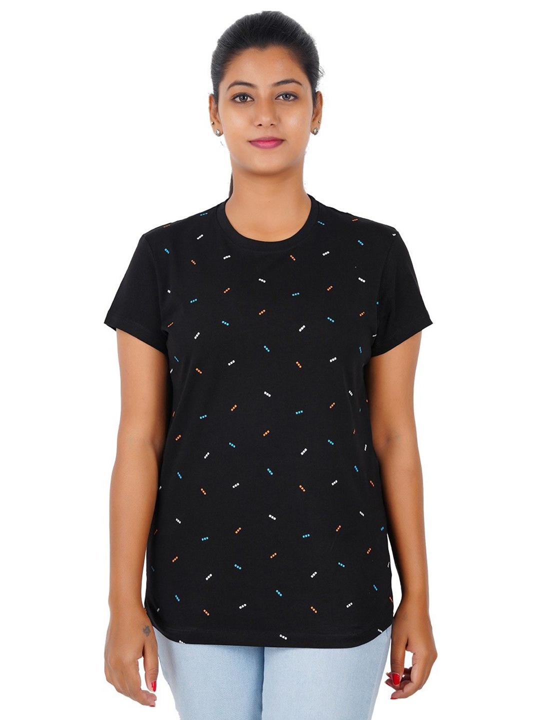 

GUIDE Women Geometric Printed Round Neck Cotton T-shirt, Black
