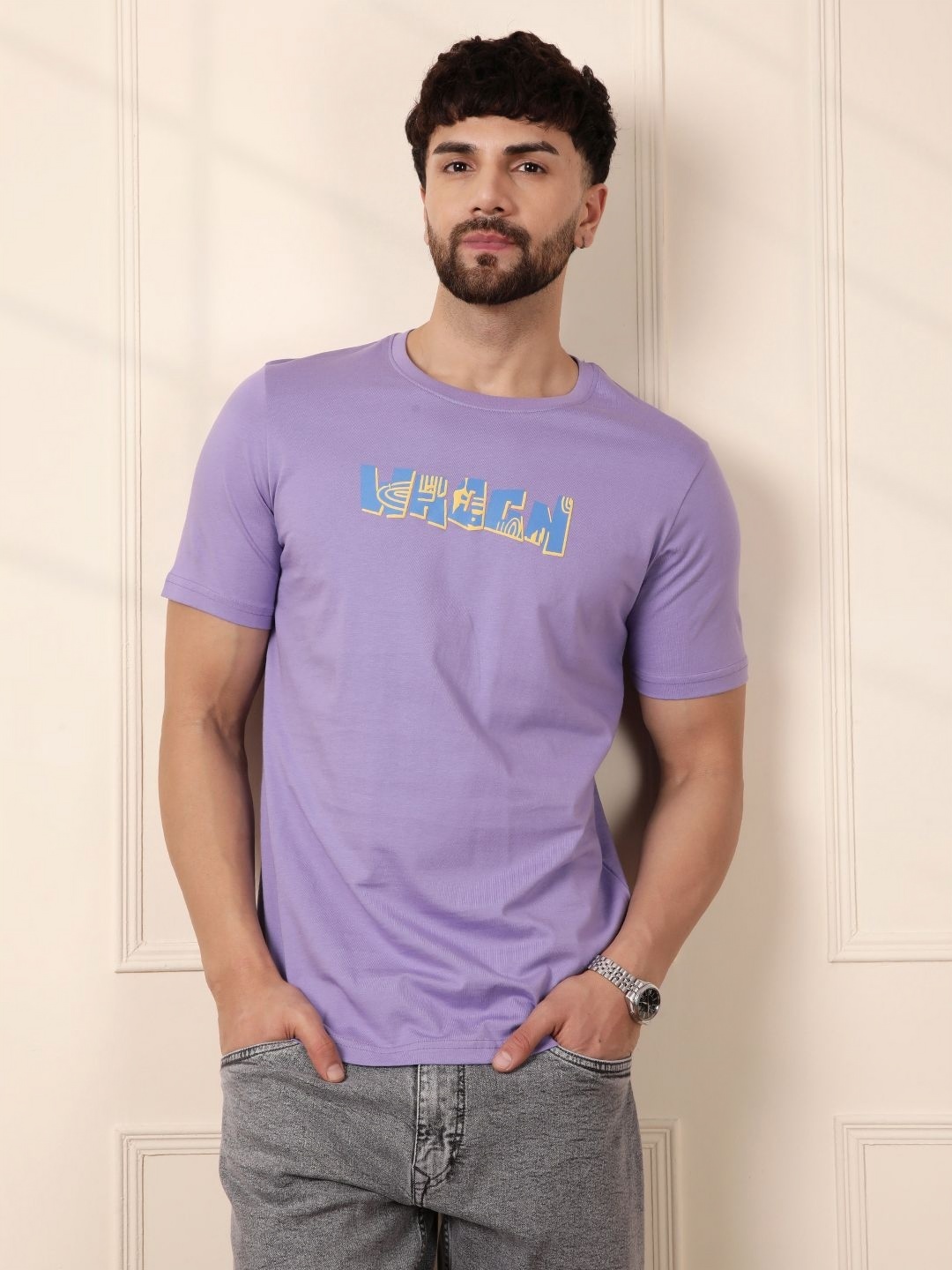 

WROGN Men Typography Printed Round Neck Cotton T-shirt, Lavender