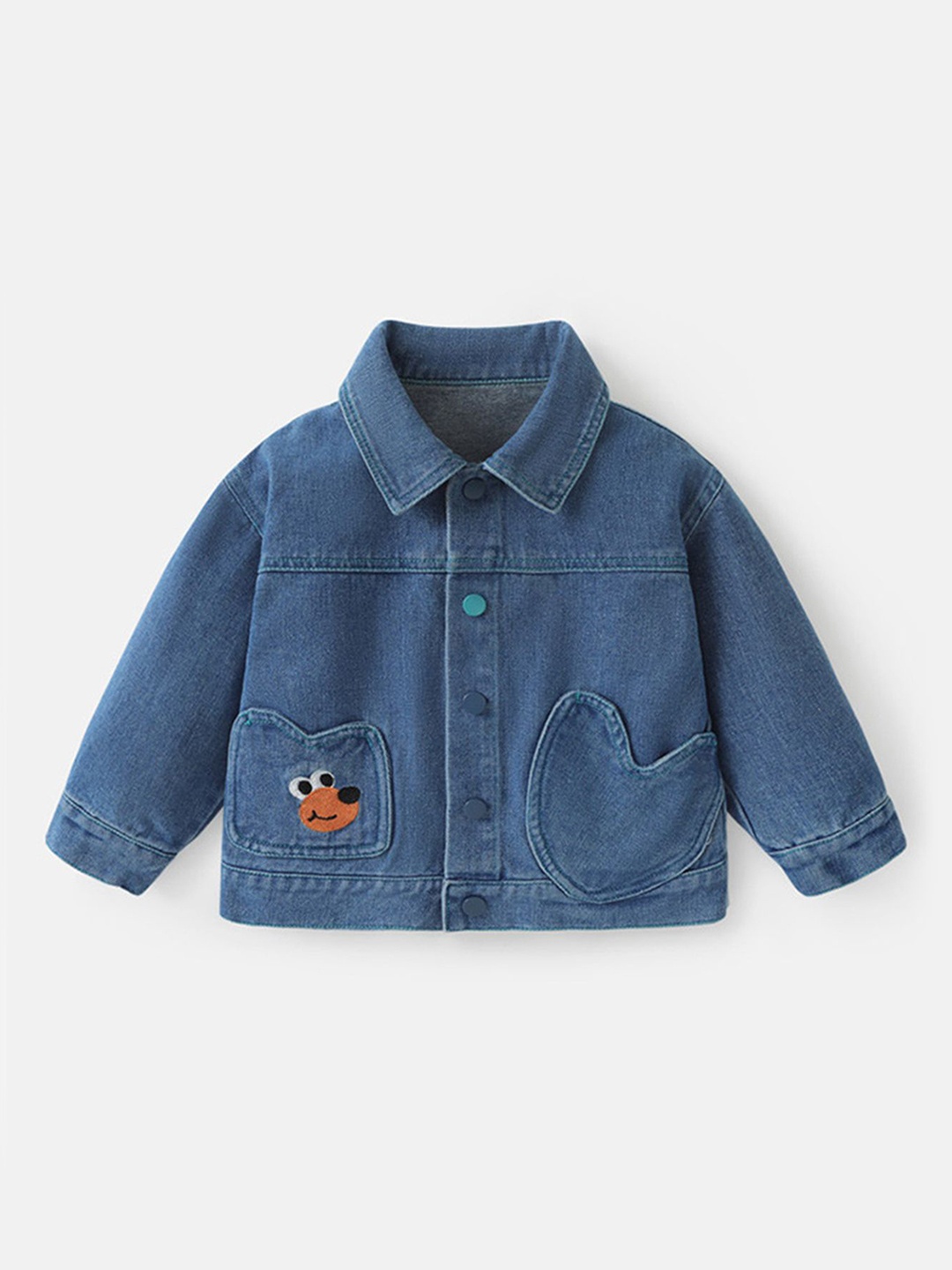 

LULU & SKY Girls Spread Collar Graphic Printed Cotton Casual Denim Jacket, Blue