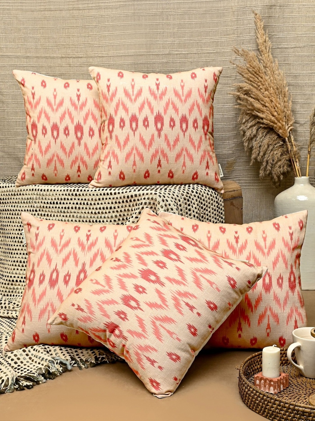 

ANWYN White & Red 5 Pieces Abstract Printed Cotton Square Cushion Covers