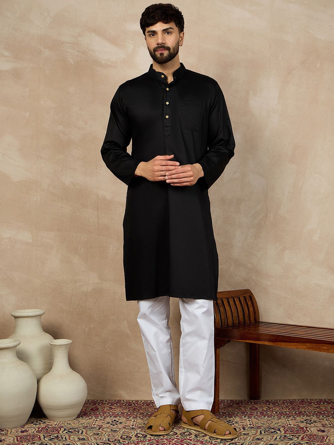 

NABIA Band Collar Pure Cotton Straight Kurta, Black