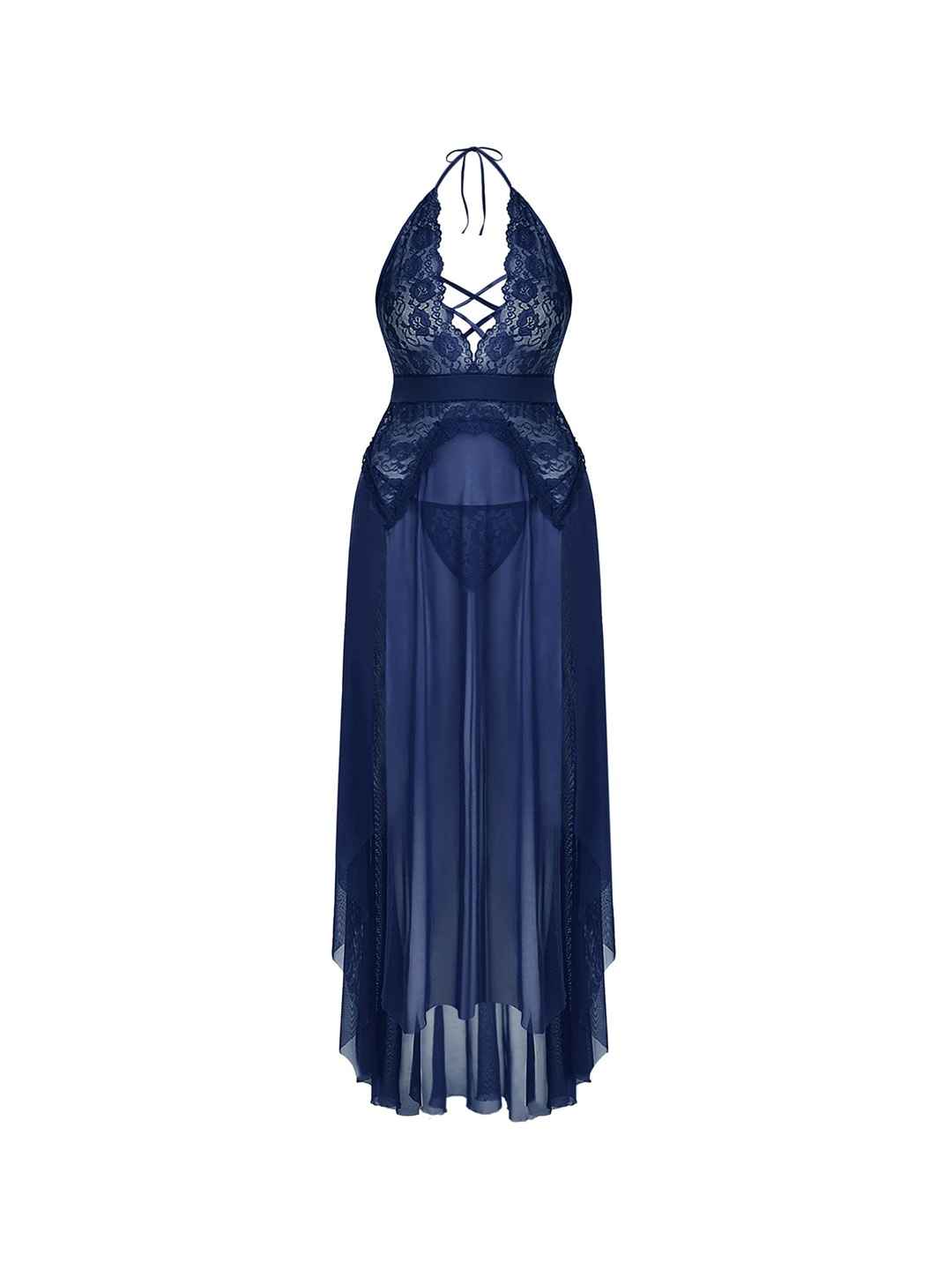 

Xivir Self Design Halter Neck Lace Baby Doll, Navy blue