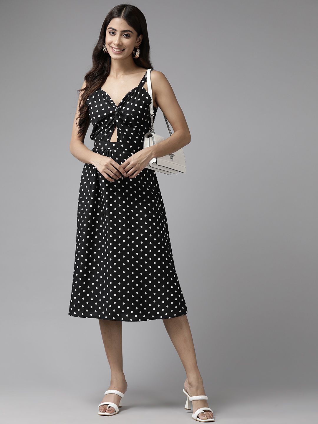 

CORSICA Polka Dot Printed Shoulder Straps Fit & Flare Midi Dress, Black