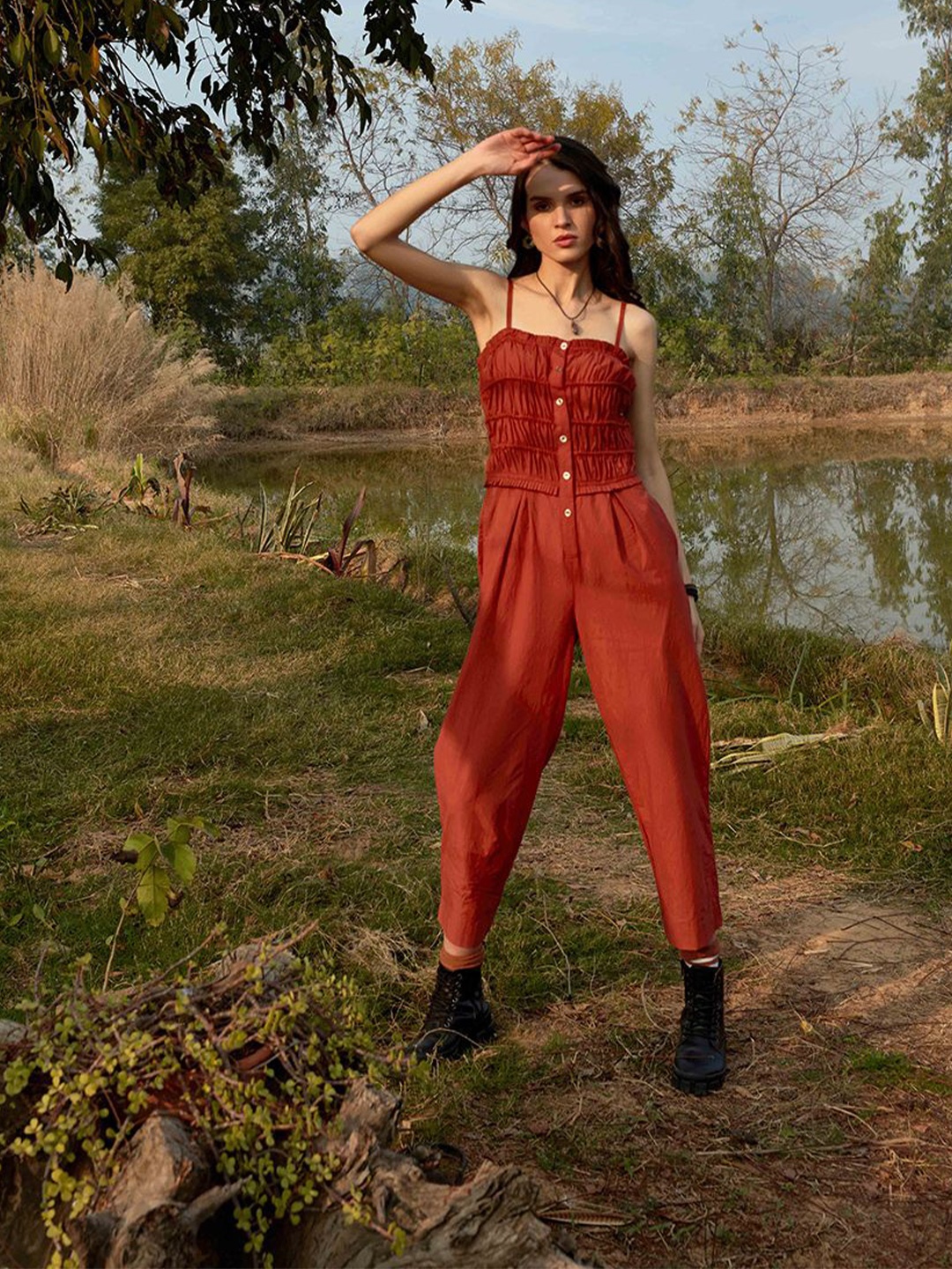

Abhishti Women Cotton Basic Amber Jumpsuit, Rust