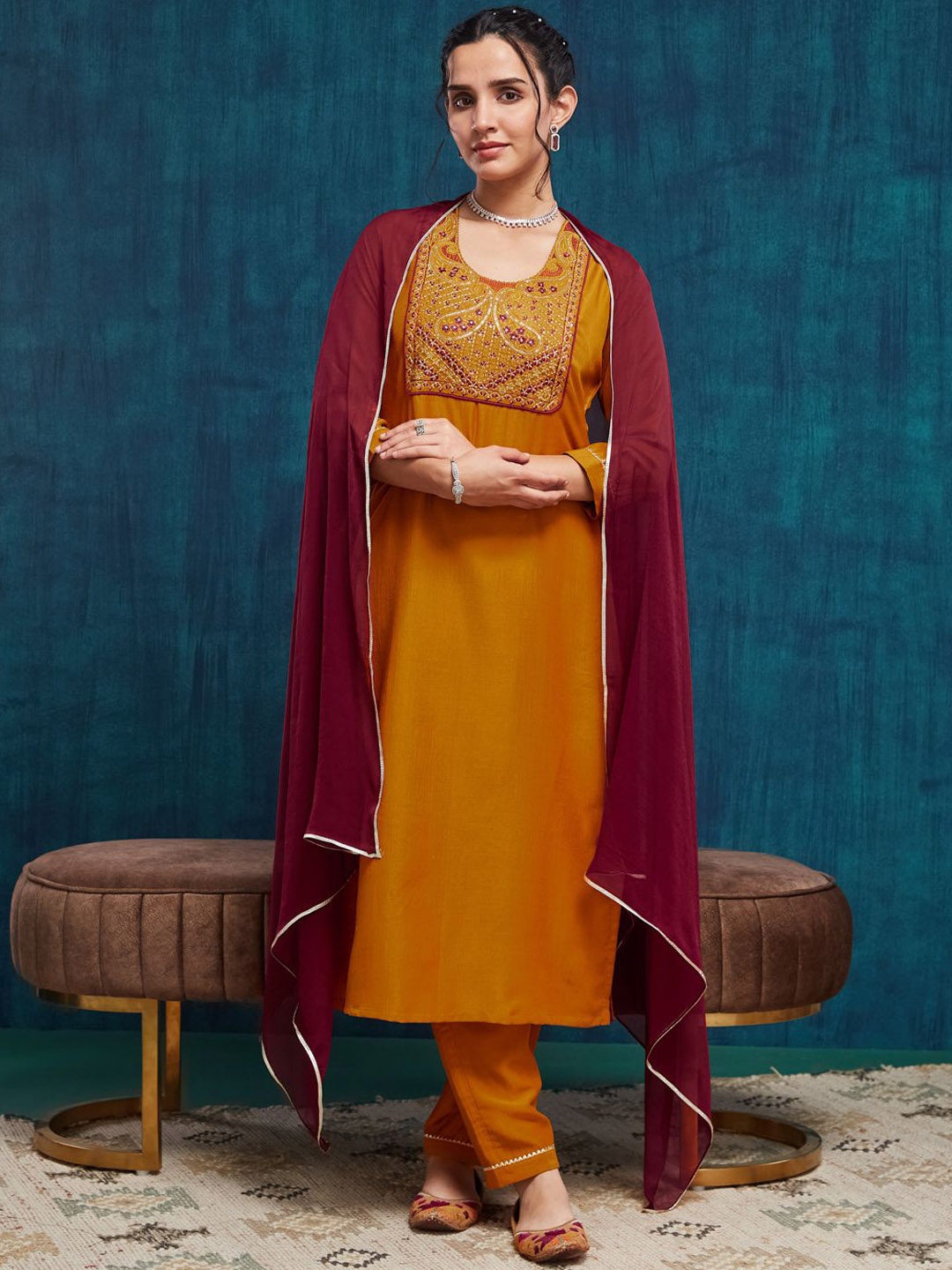 

SANSKAR Floral Embroidered Round Neck Sequinned Straight Kurta With Trouser & Dupatta, Yellow