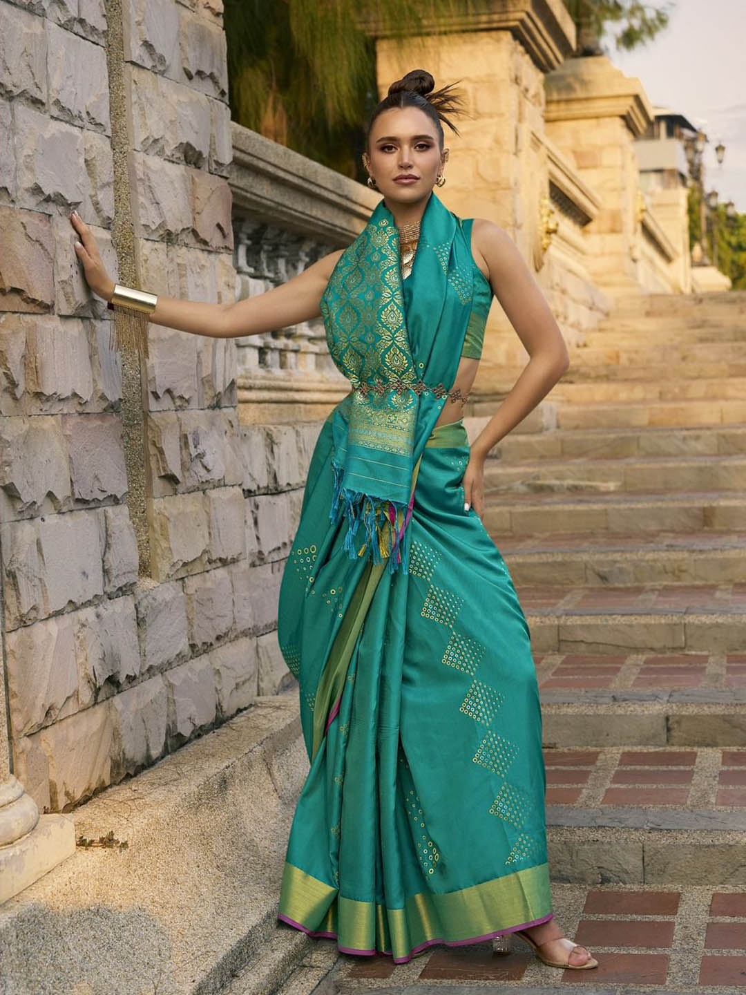 

Anouk Woven Design Zari Silk Blend Banarasi Saree, Teal