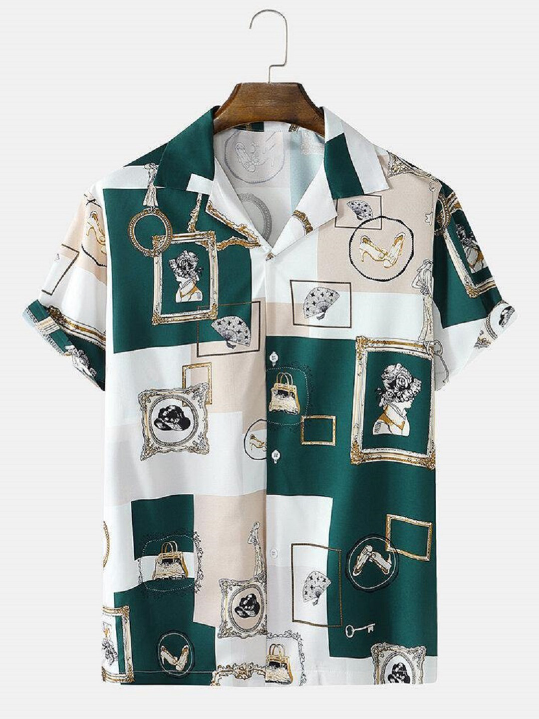 

iCome Men Cuban Collar Graphic Printed Cotton Linen Casual Shirt, Green