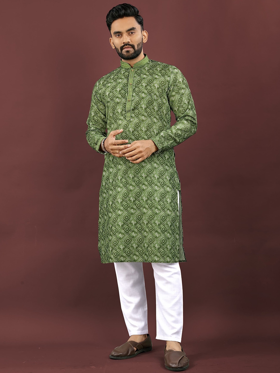 

Zurika Fashion Geometric Printed Linen Mandarin Collar Stright Kurta, Green